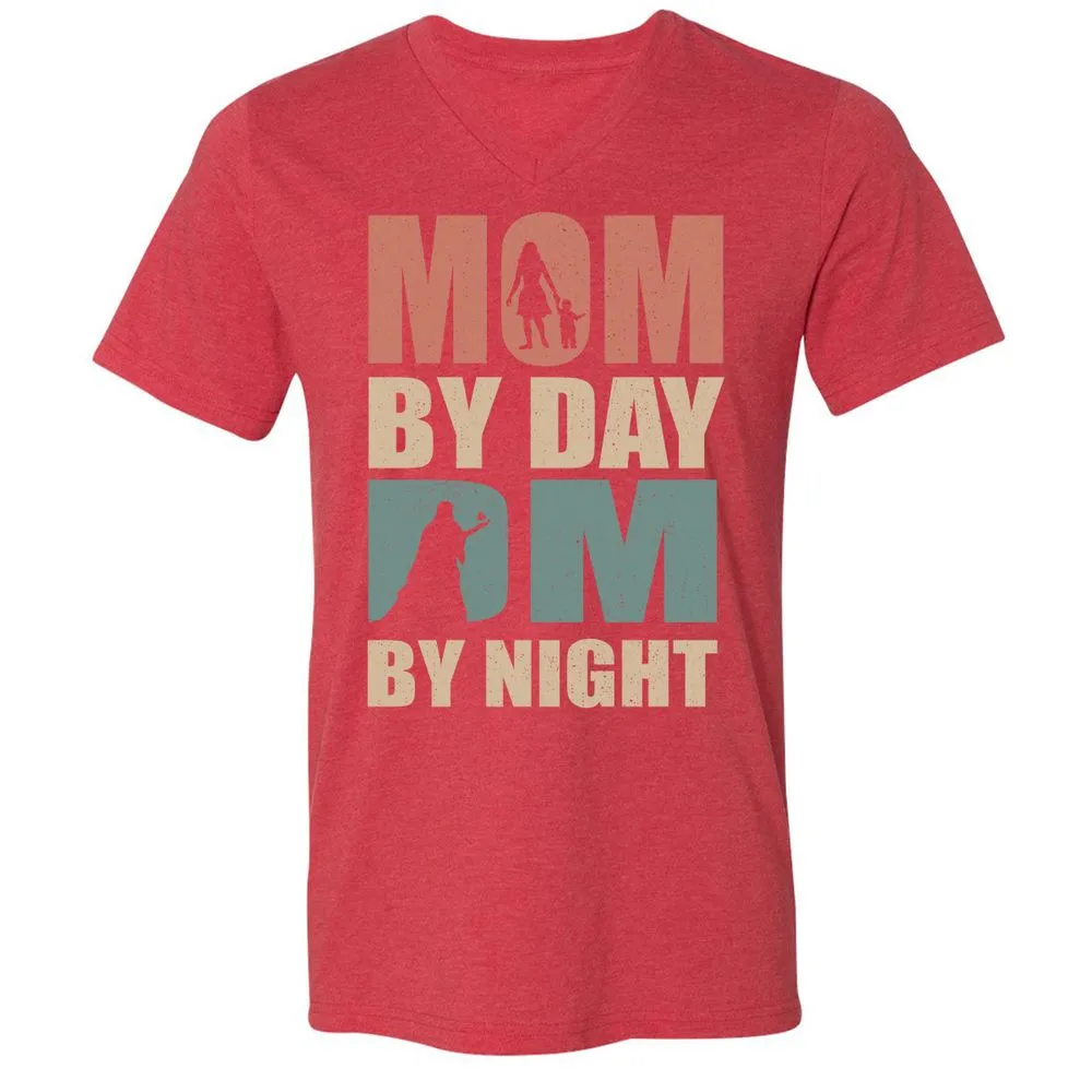 Mom By Day DM By Night Unisex V-Neck T-Shirt - Heather Red - 16