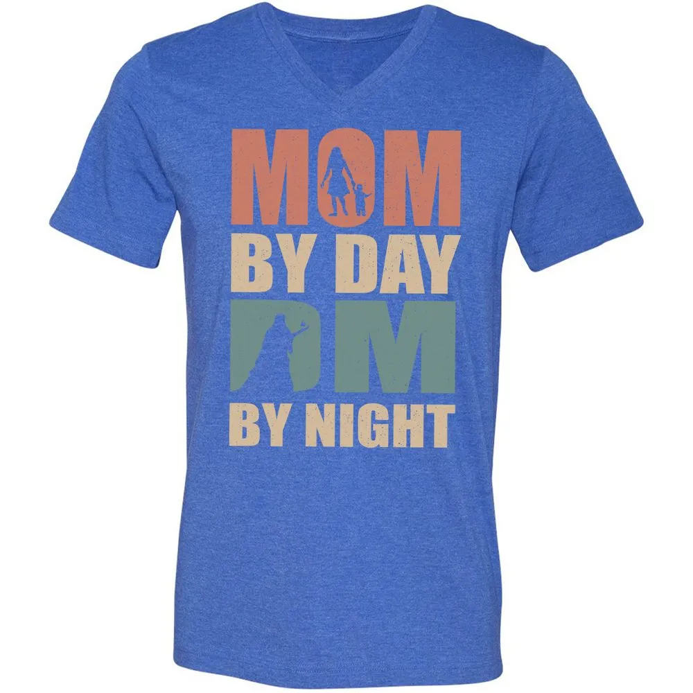 Mom By Day DM By Night Unisex V-Neck T-Shirt - Heather True Royal - 14