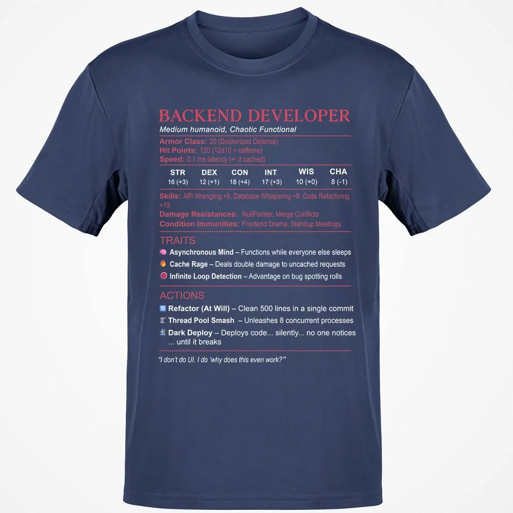 Backend Developer Stats Classic Unisex T-Shirt - Navy - 7