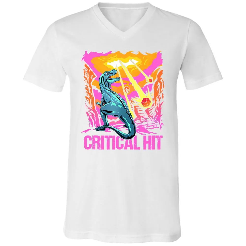 Dinosaur Critical Hit Unisex V-Neck T-Shirt - White - 5
