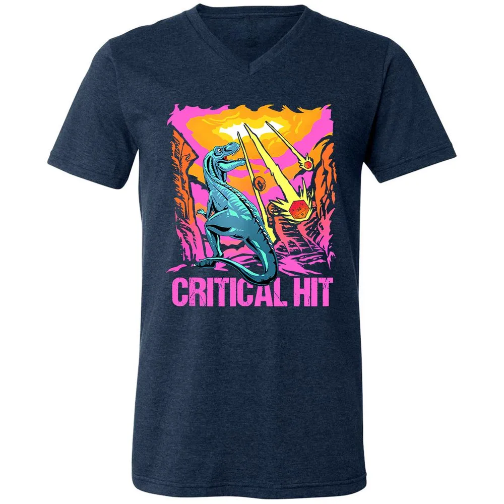 Dinosaur Critical Hit Unisex V-Neck T-Shirt - Heather Navy - 15