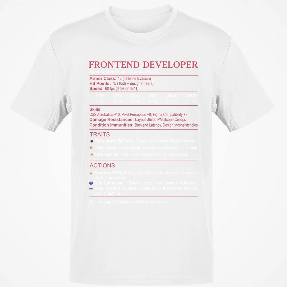 Frontend Developer Stats Classic Unisex T-Shirt - White - 12