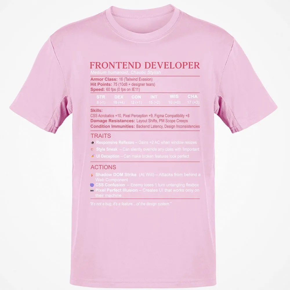Frontend Developer Stats Classic Unisex T-Shirt - Light Pink - 5