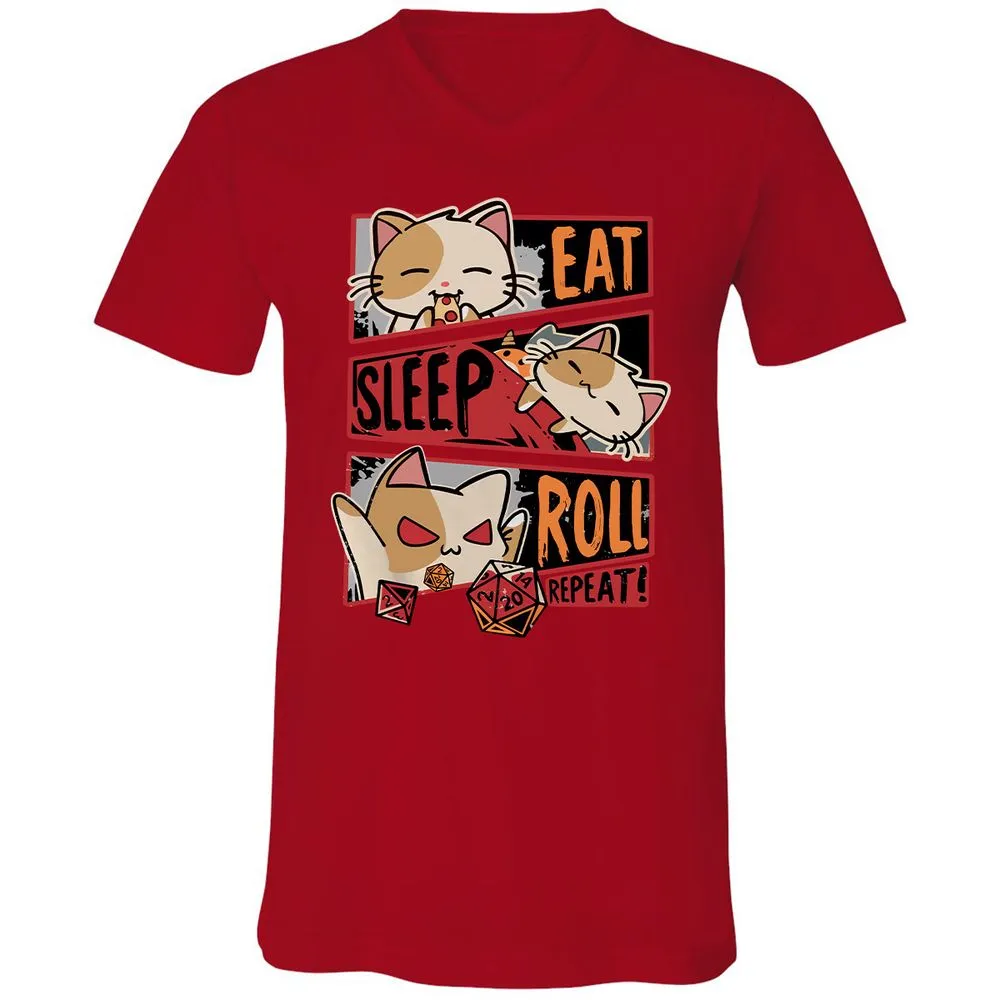 Eat Sleep Roll Repeat Unisex V-Neck T-Shirt - Red - 3