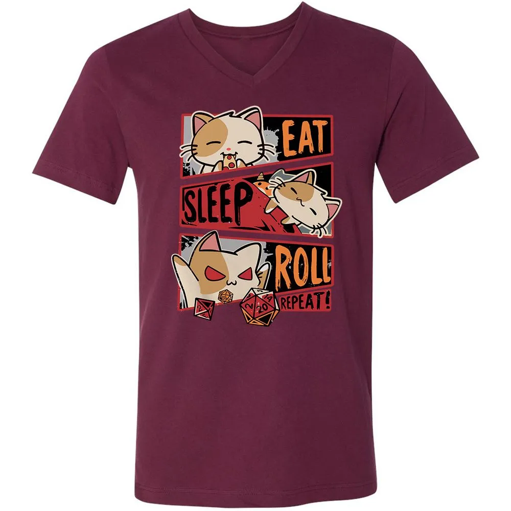Eat Sleep Roll Repeat Unisex V-Neck T-Shirt - Maroon - 6