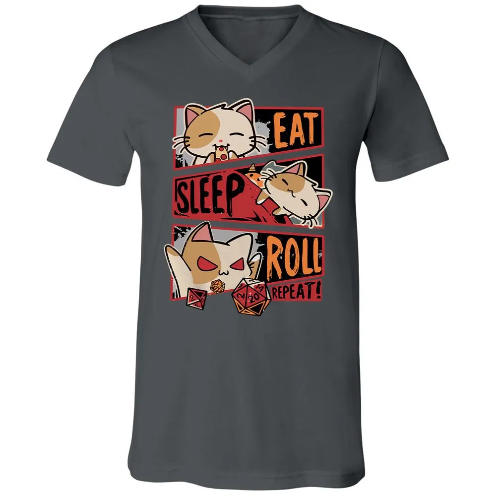 Eat Sleep Roll Repeat Unisex V-Neck T-Shirt - Asphalt - 12