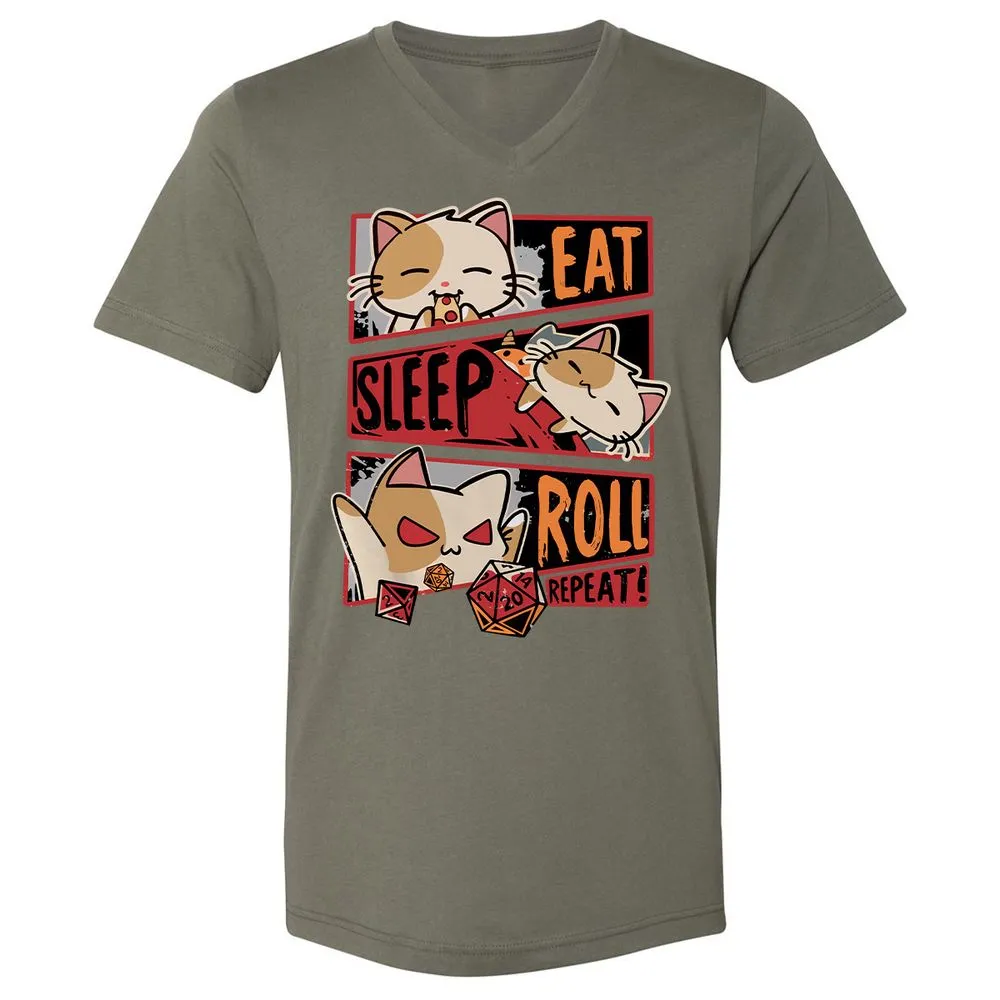 Eat Sleep Roll Repeat Unisex V-Neck T-Shirt - Military Green - 10