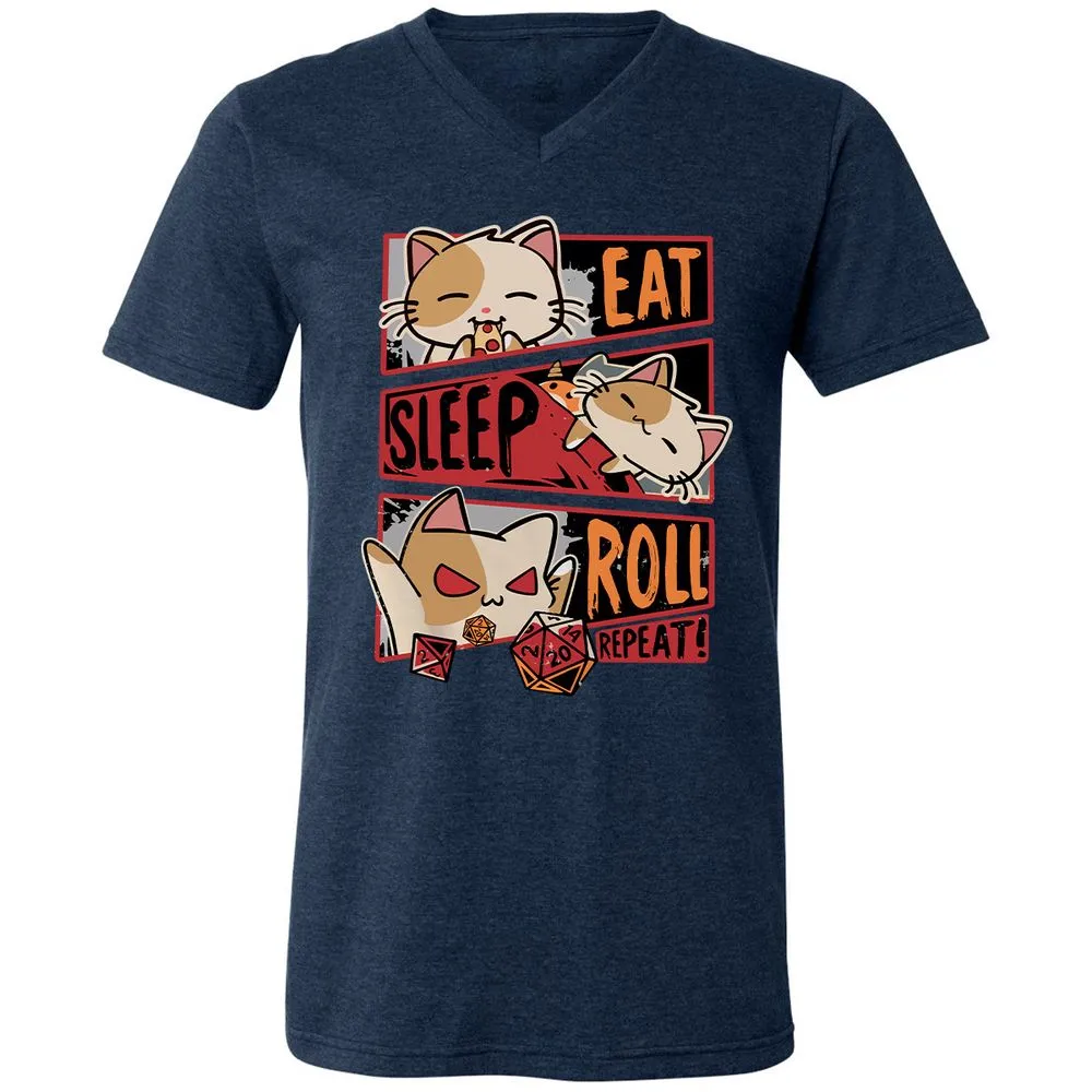 Eat Sleep Roll Repeat Unisex V-Neck T-Shirt - Heather Navy - 15
