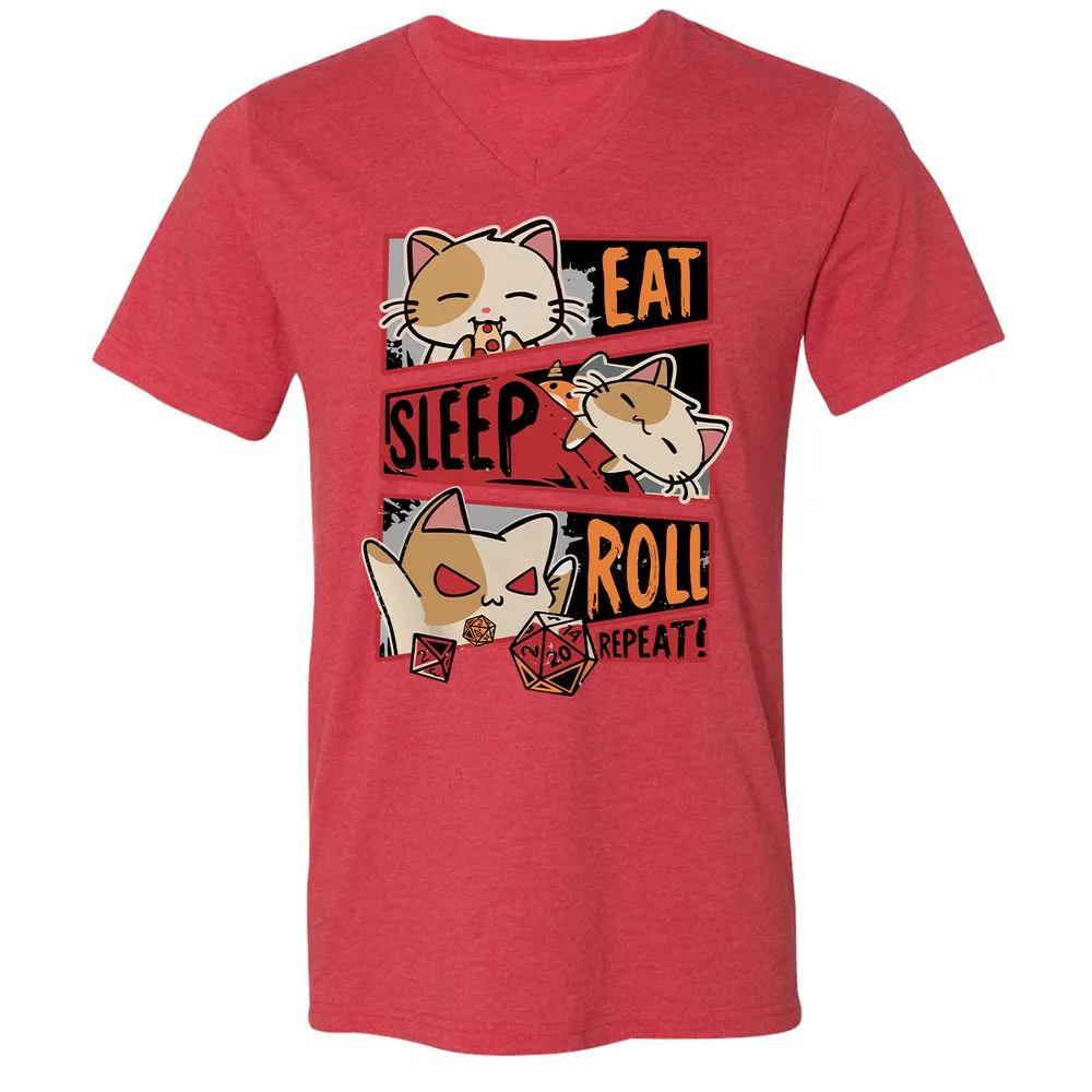 Eat Sleep Roll Repeat Unisex V-Neck T-Shirt - Heather Red - 16