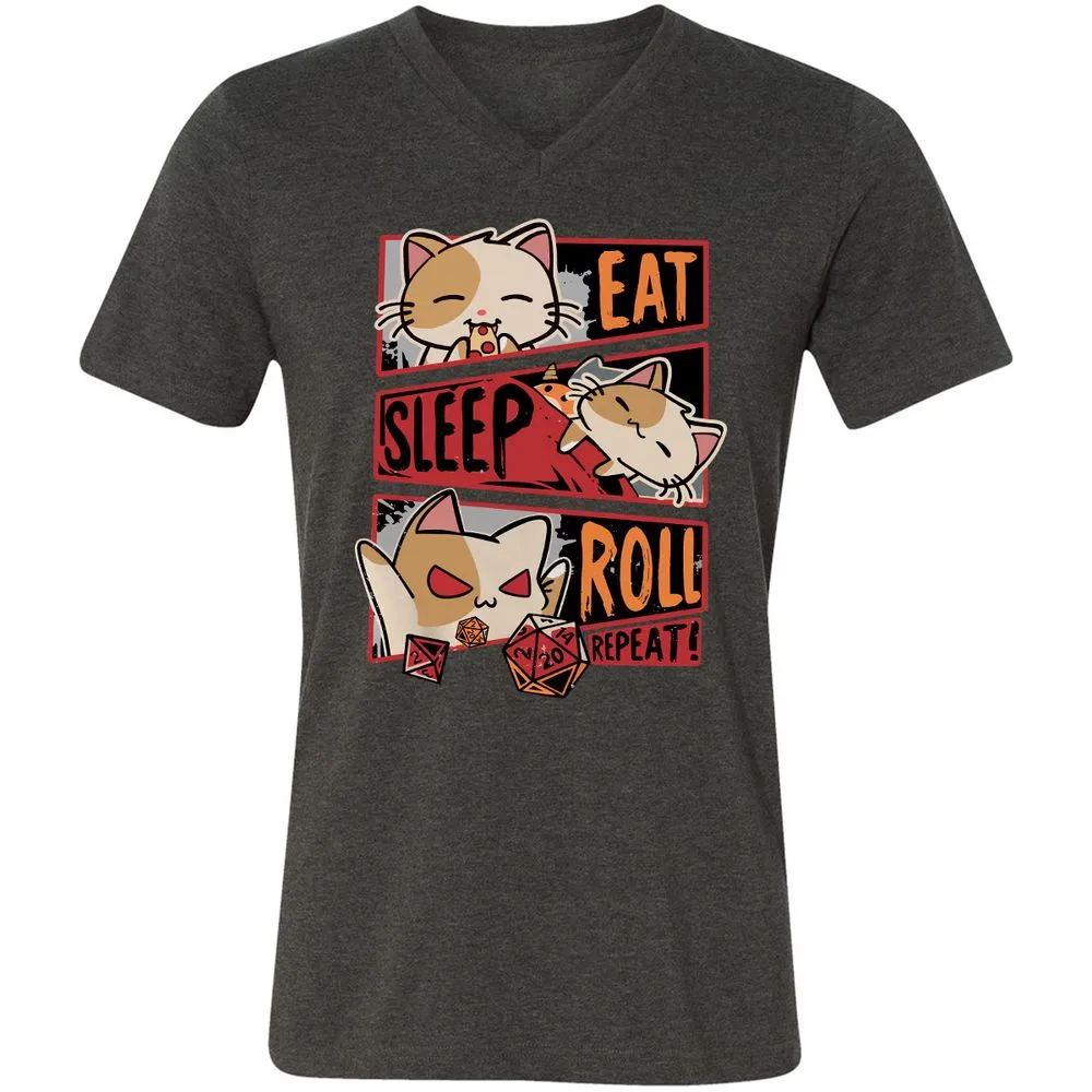 Eat Sleep Roll Repeat Unisex V-Neck T-Shirt - Dark Grey Heather - 8