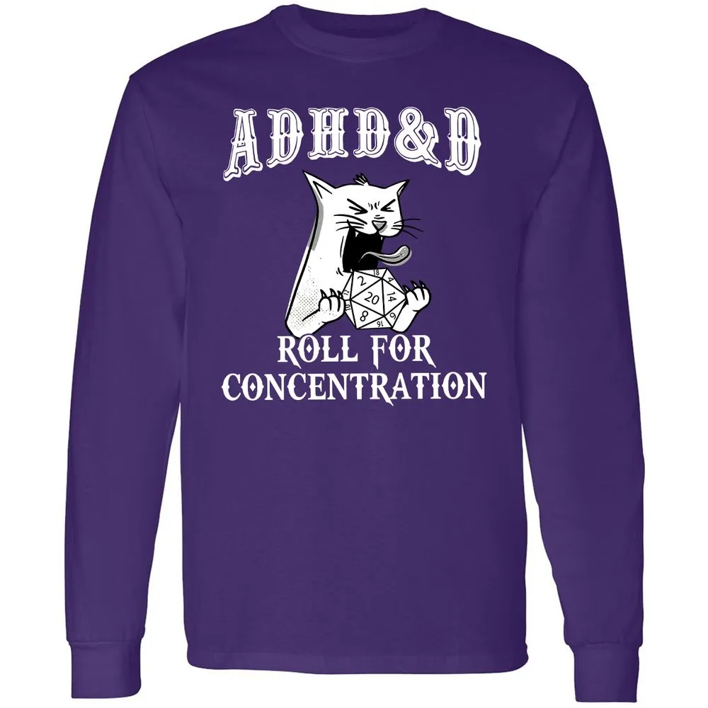 Cat ADHD&D Roll For Concentration Long Sleeve T-Shirt - Purple - 13