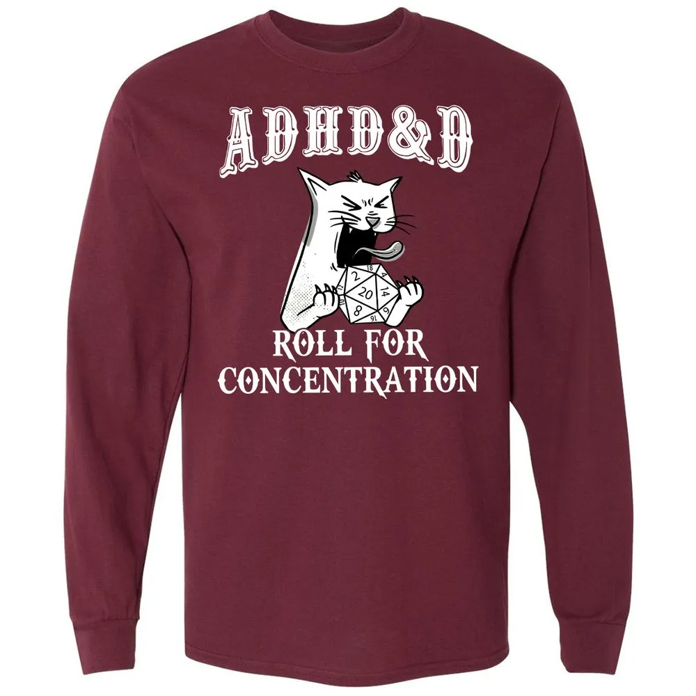 Cat ADHD&D Roll For Concentration Long Sleeve T-Shirt - Maroon - 11
