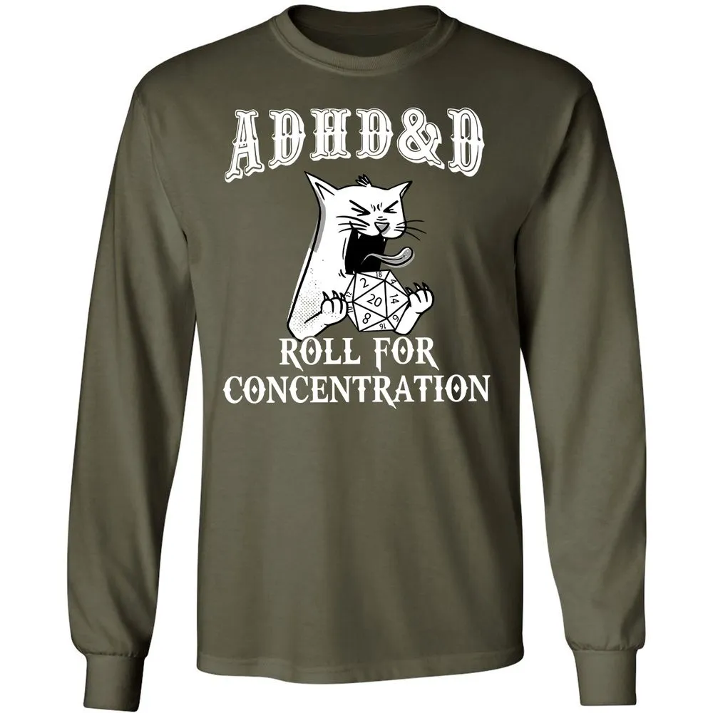 Cat ADHD&D Roll For Concentration Long Sleeve T-Shirt - Military Green - 16