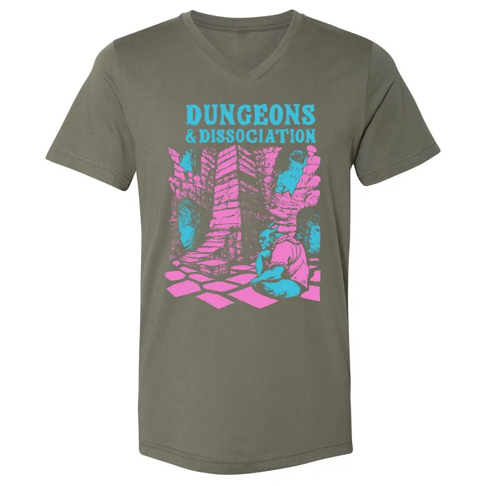 Dungeons And Dissociation Unisex V-Neck T-Shirt - Military Green - 10
