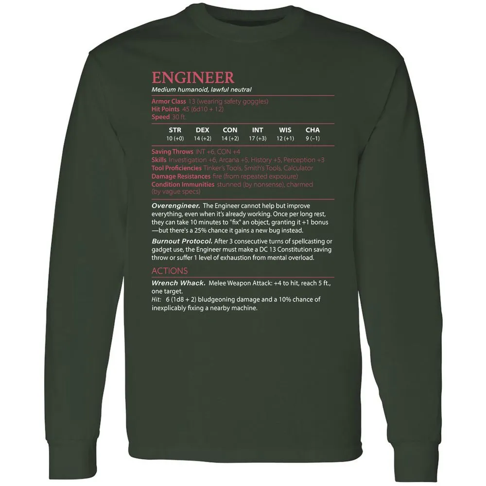Engineer Stats Long Sleeve T-Shirt - Forest Green - 4