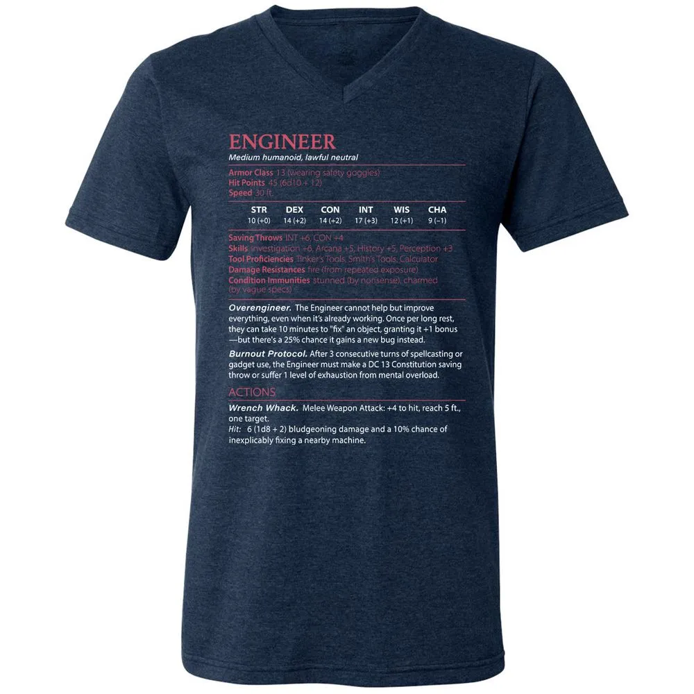 Engineer Stats Unisex V-Neck T-Shirt - Heather Navy - 15