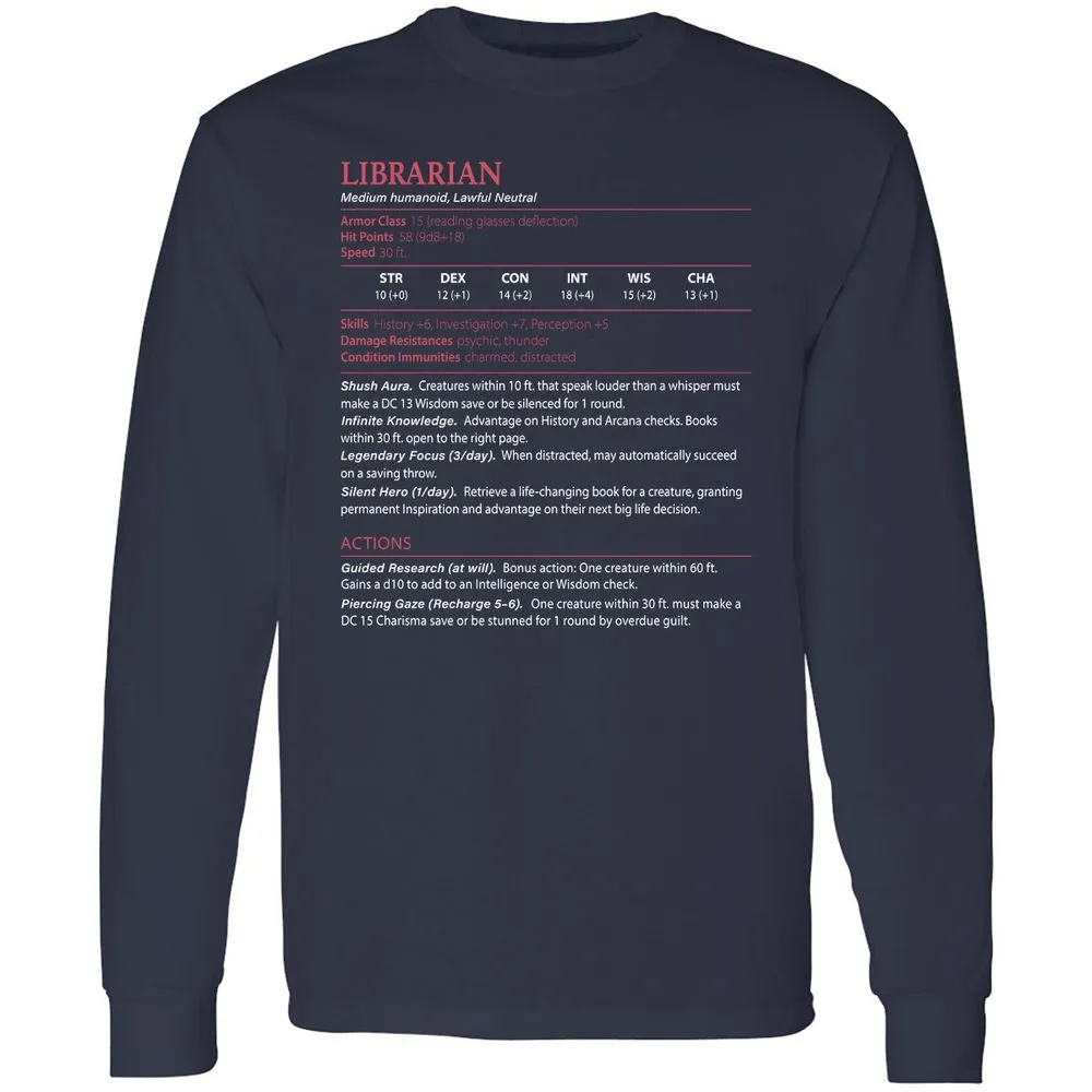 Librarian Stats Long Sleeve T-Shirt - Navy - 2