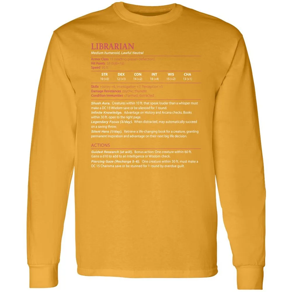 Librarian Stats Long Sleeve T-Shirt - Gold - 9