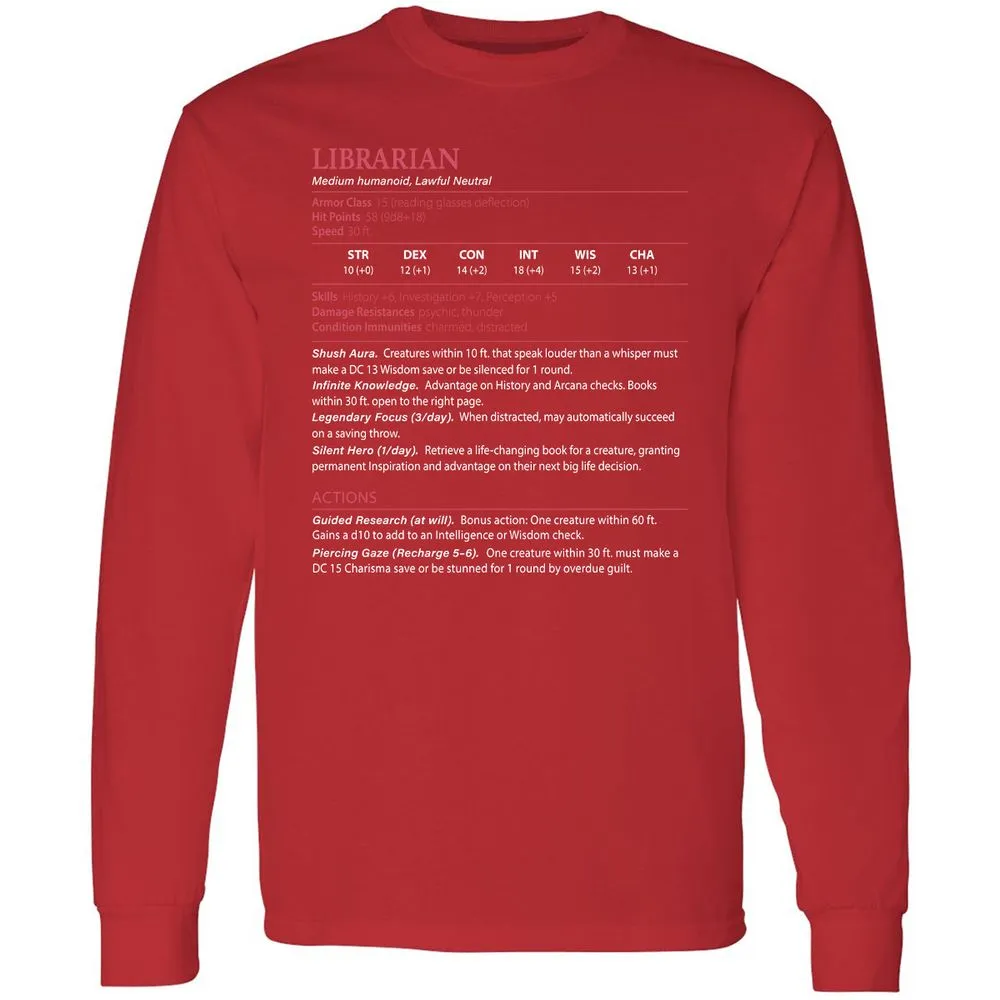 Librarian Stats Long Sleeve T-Shirt - Red - 14