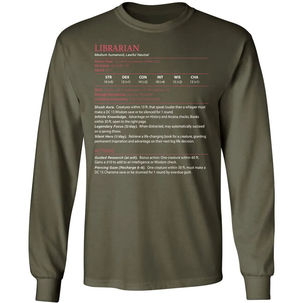 Librarian Stats Long Sleeve T-Shirt - Military Green - 16