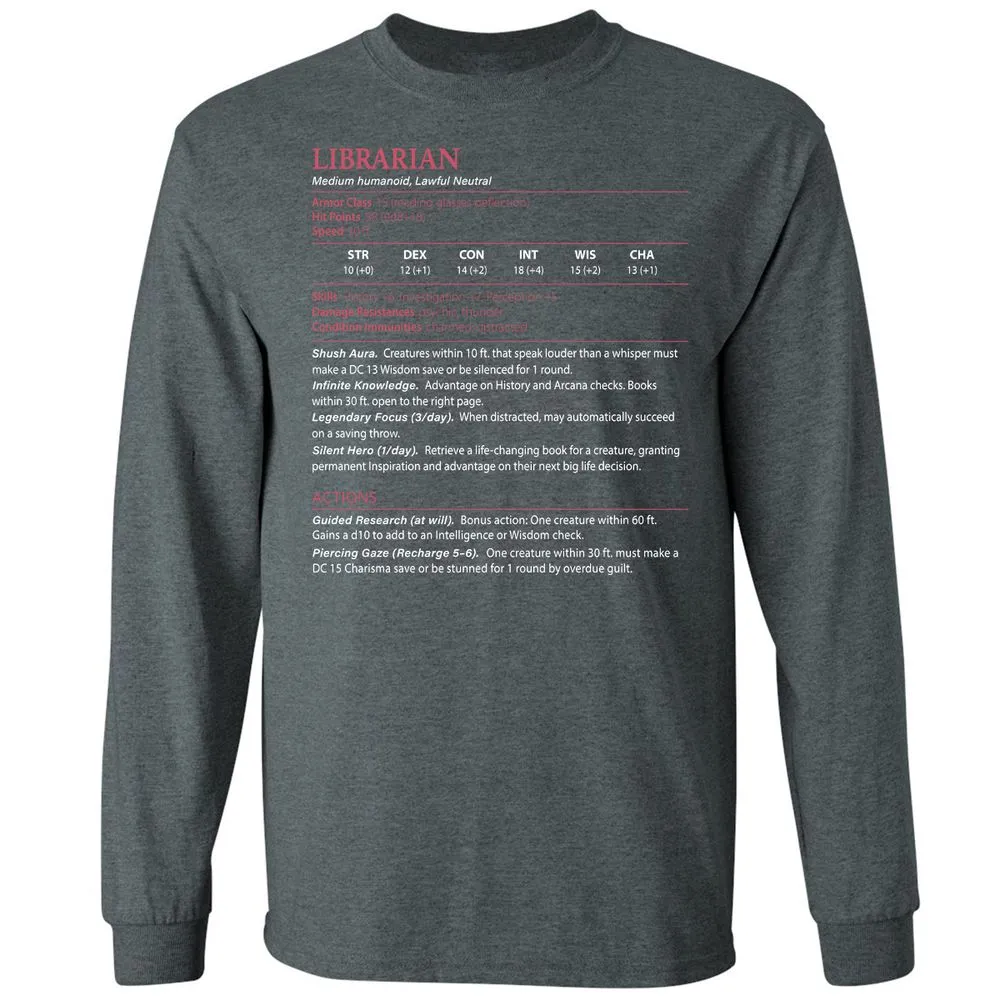 Librarian Stats Long Sleeve T-Shirt - Dark Heather - 15