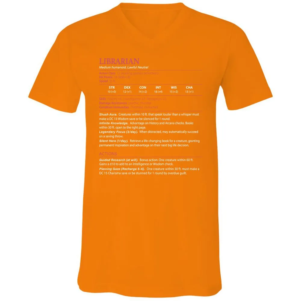 Librarian Stats Unisex V-Neck T-Shirt - Orange - 11