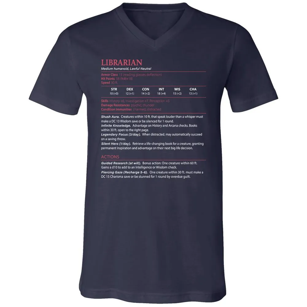 Librarian Stats Unisex V-Neck T-Shirt - Navy - 2