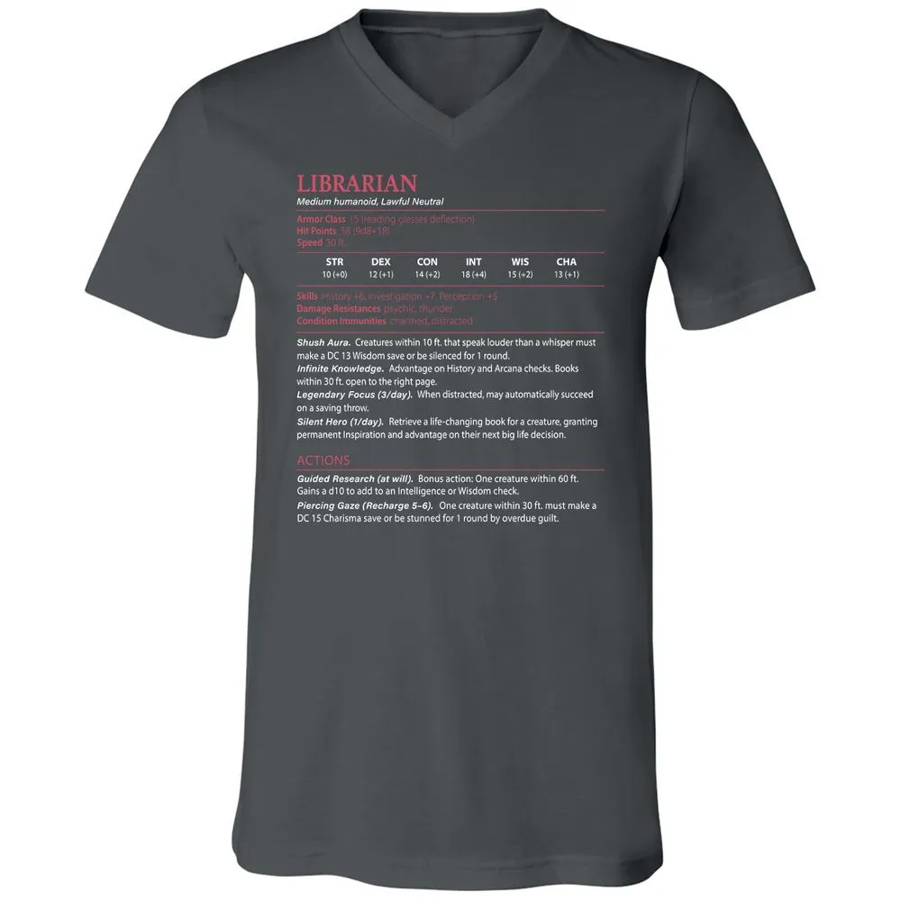 Librarian Stats Unisex V-Neck T-Shirt - Asphalt - 12