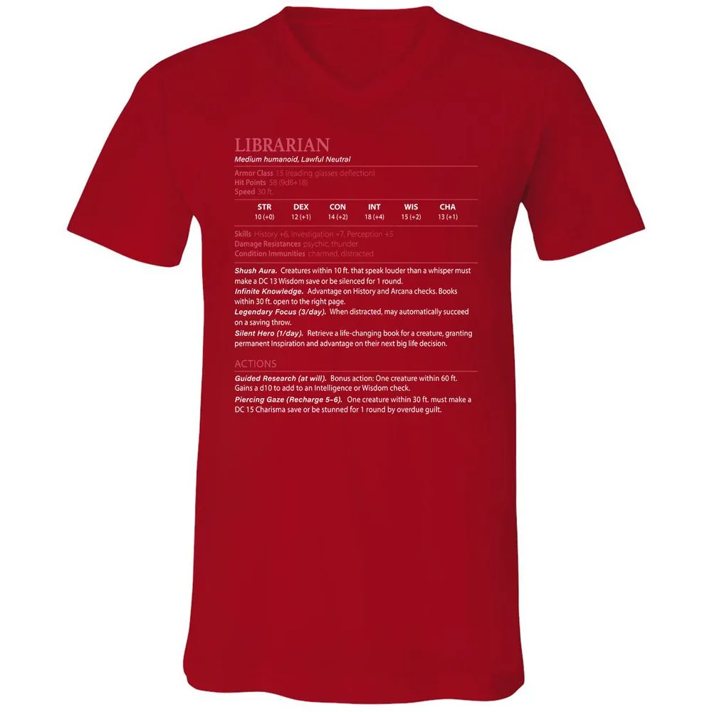Librarian Stats Unisex V-Neck T-Shirt - Red - 3