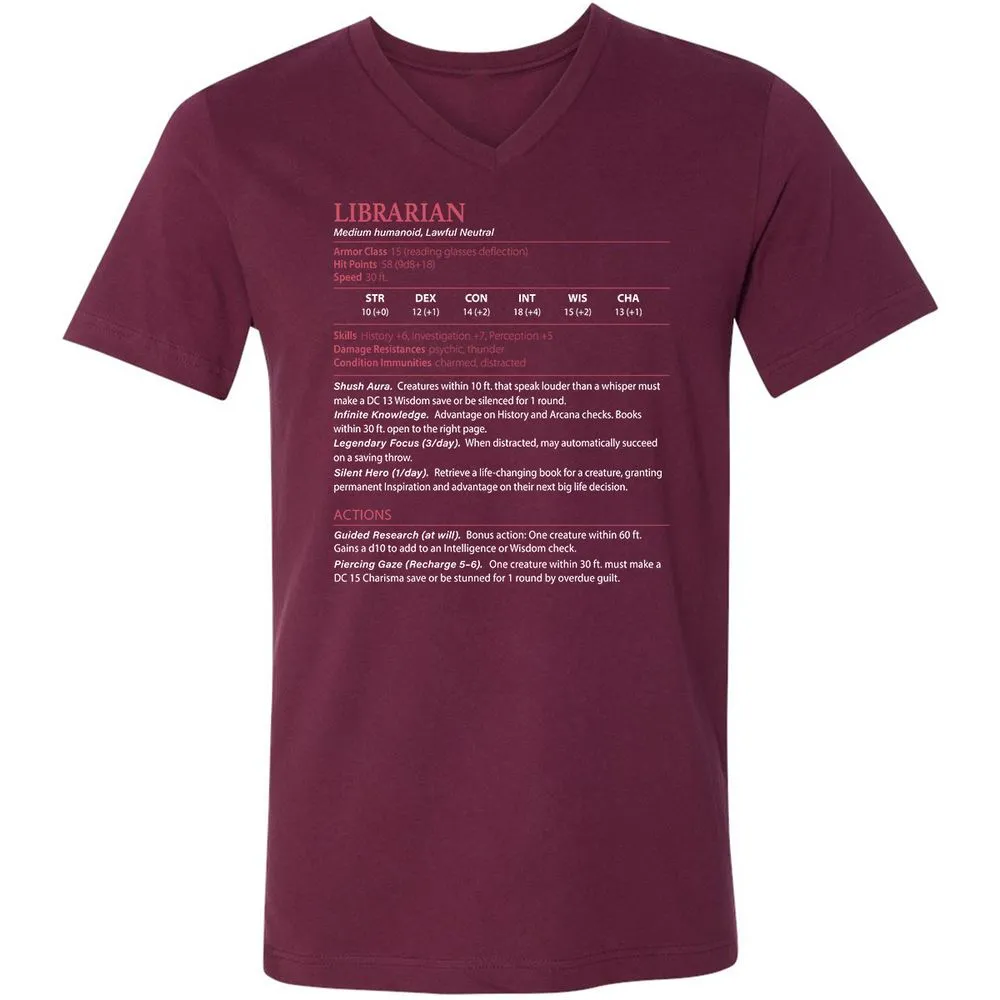 Librarian Stats Unisex V-Neck T-Shirt - Maroon - 6
