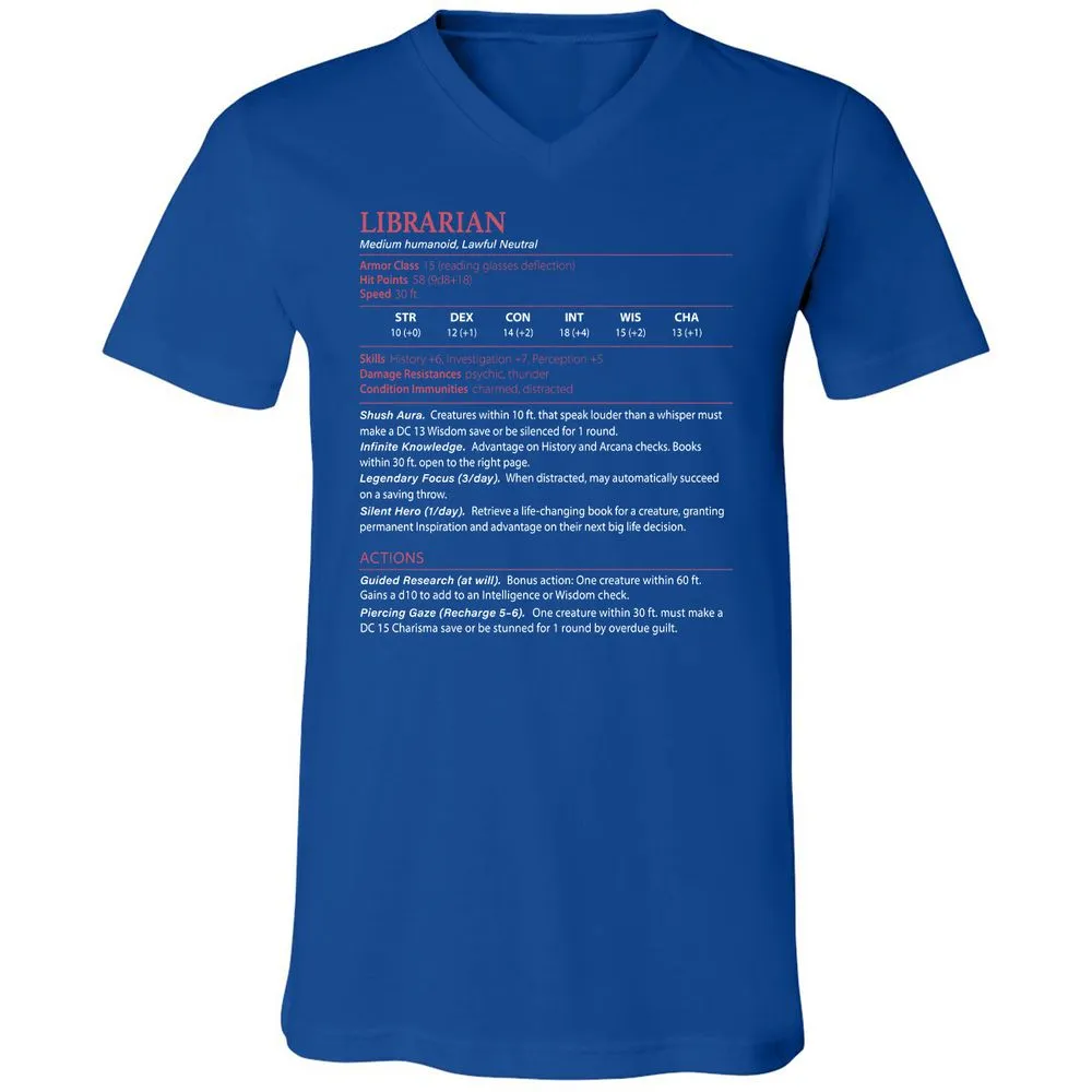 Librarian Stats Unisex V-Neck T-Shirt - True Royal - 4