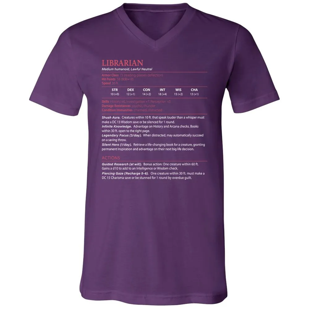 Librarian Stats Unisex V-Neck T-Shirt - Team Purple - 9
