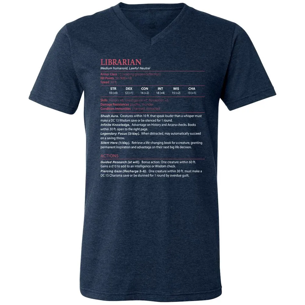 Librarian Stats Unisex V-Neck T-Shirt - Heather Navy - 15