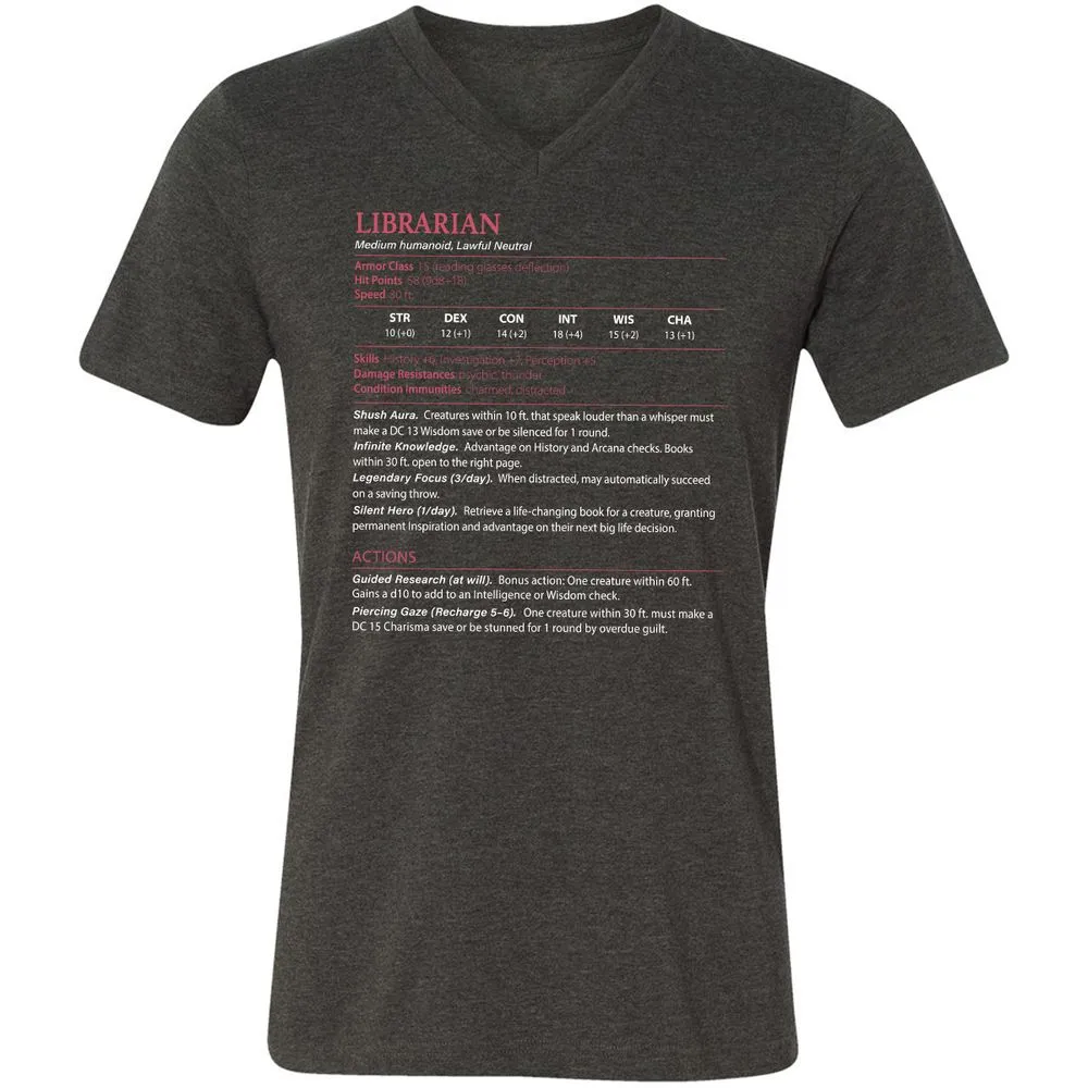 Librarian Stats Unisex V-Neck T-Shirt - Dark Grey Heather - 8