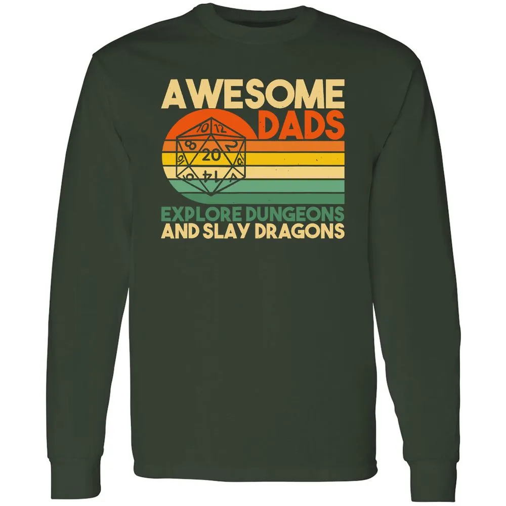 Awesome Dad Explore Dungeons Slay Dragons Long Sleeve T-Shirt - Forest Green - 4