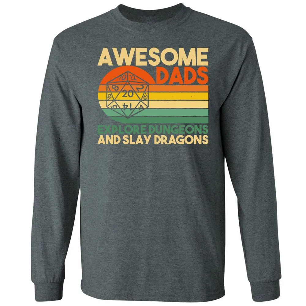 Awesome Dad Explore Dungeons Slay Dragons Long Sleeve T-Shirt - Dark Heather - 15