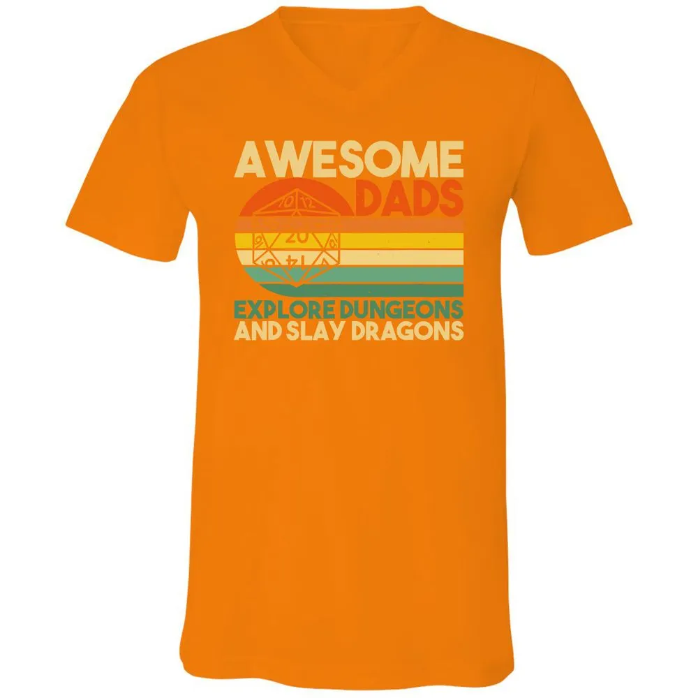 Awesome Dad Explore Dungeons Slay Dragons Unisex V-Neck T-Shirt - Orange - 11