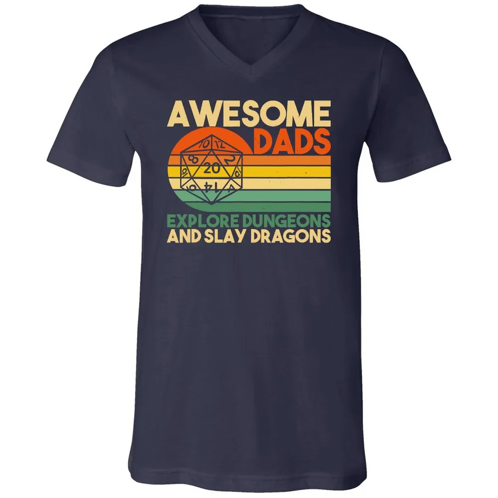 Awesome Dad Explore Dungeons Slay Dragons Unisex V-Neck T-Shirt - Navy - 2