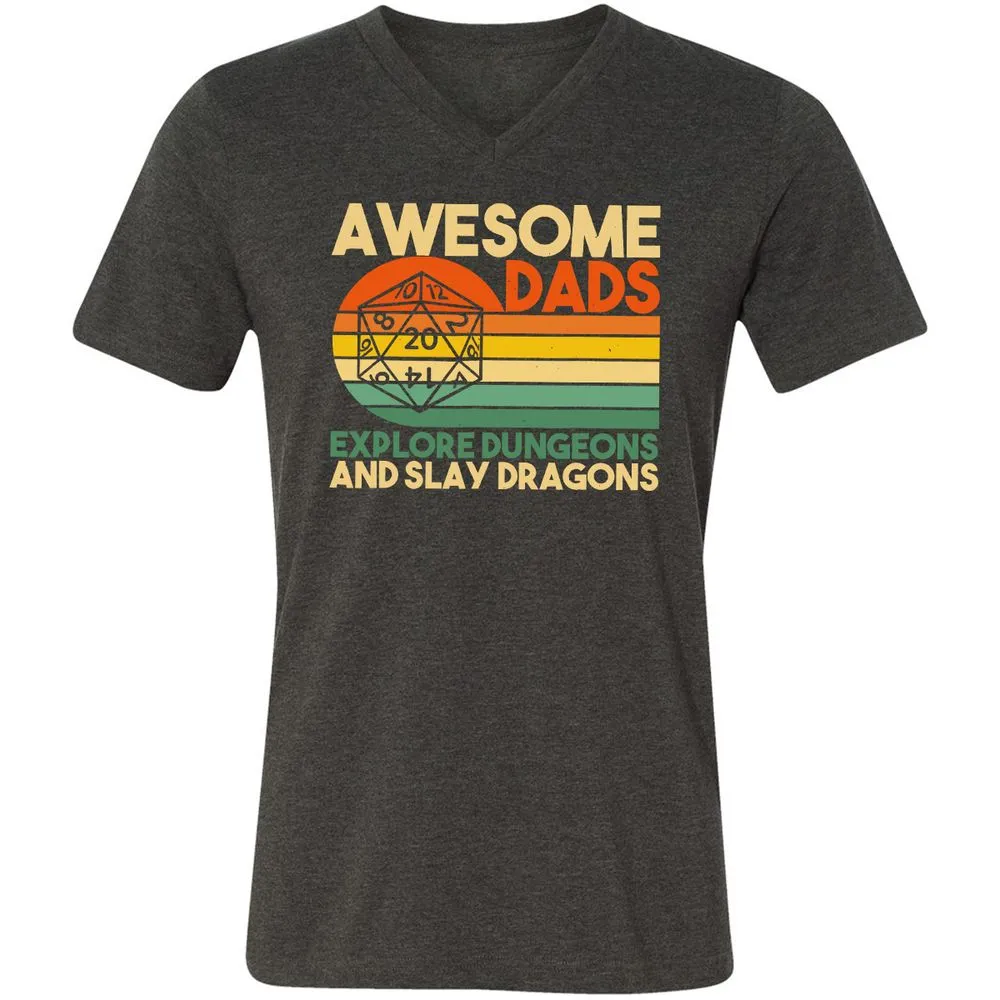 Awesome Dad Explore Dungeons Slay Dragons Unisex V-Neck T-Shirt - Dark Grey Heather - 8