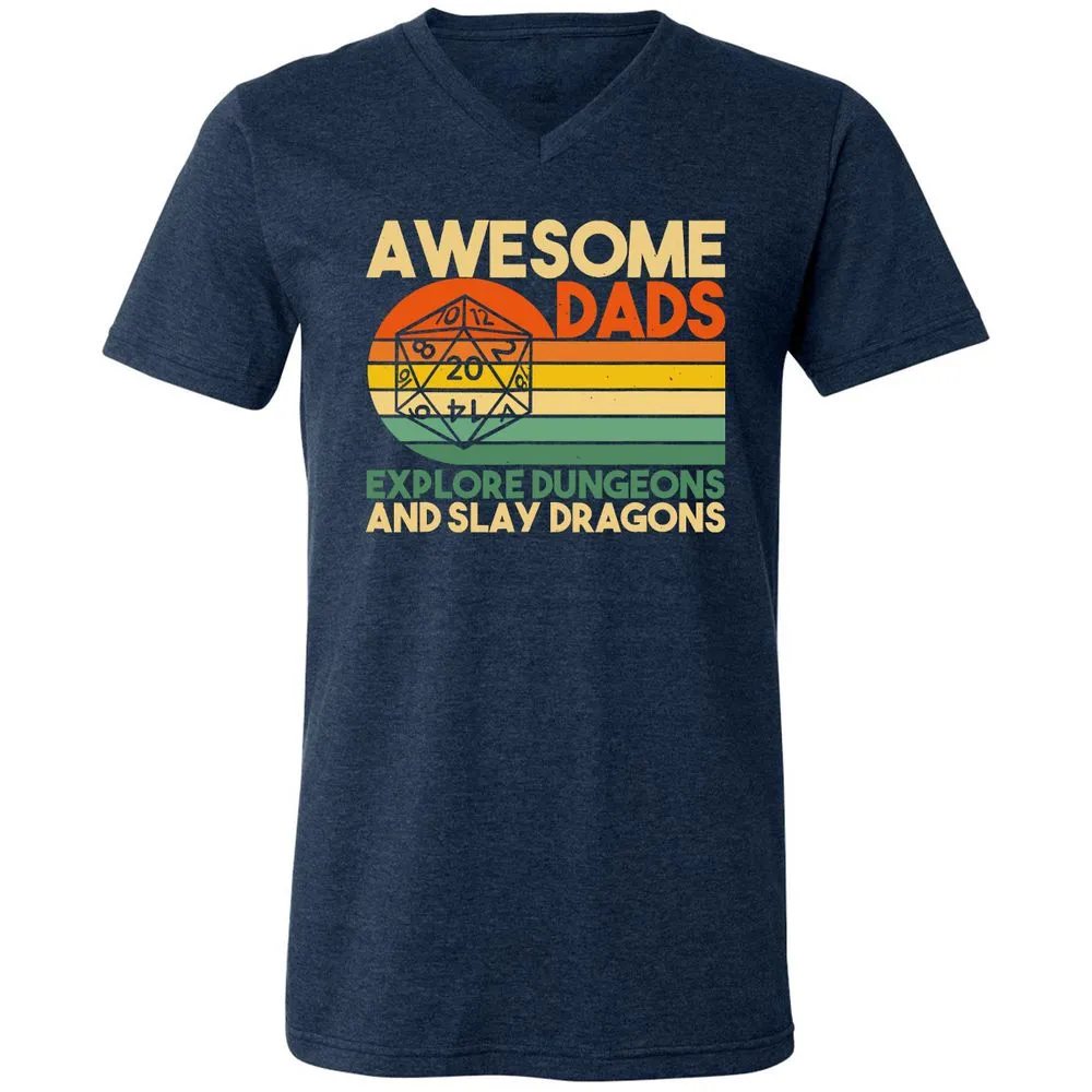 Awesome Dad Explore Dungeons Slay Dragons Unisex V-Neck T-Shirt - Heather Navy - 15