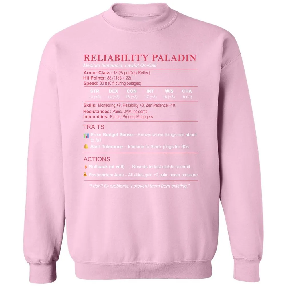SRE Stats (Reliability Paladin) Classic Unisex Sweatshirt - Light Pink - 3