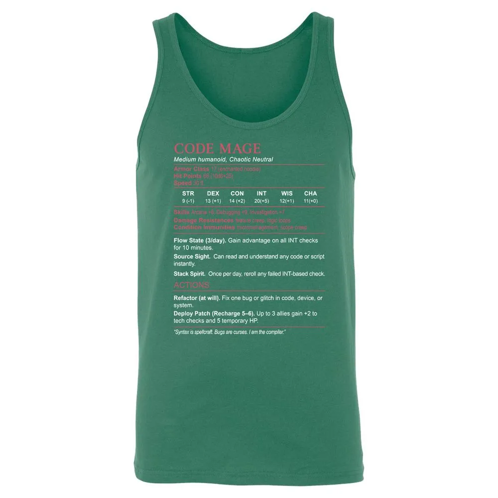 Code Mage Stats Unisex Jersey Tank - Kelly - 9