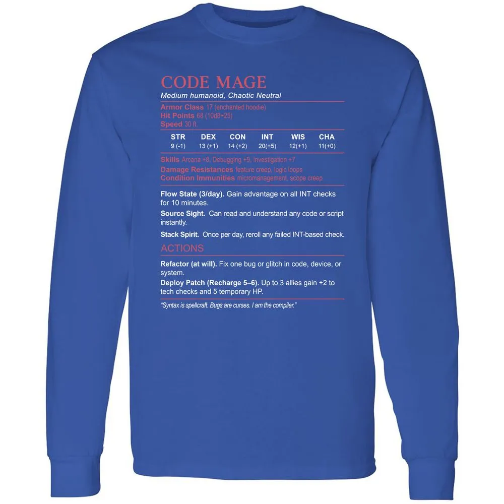 Code Mage Stats Long Sleeve T-Shirt - Royal - 8