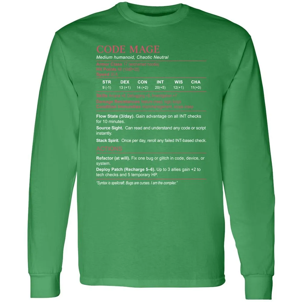 Code Mage Stats Long Sleeve T-Shirt - Irish Green - 10