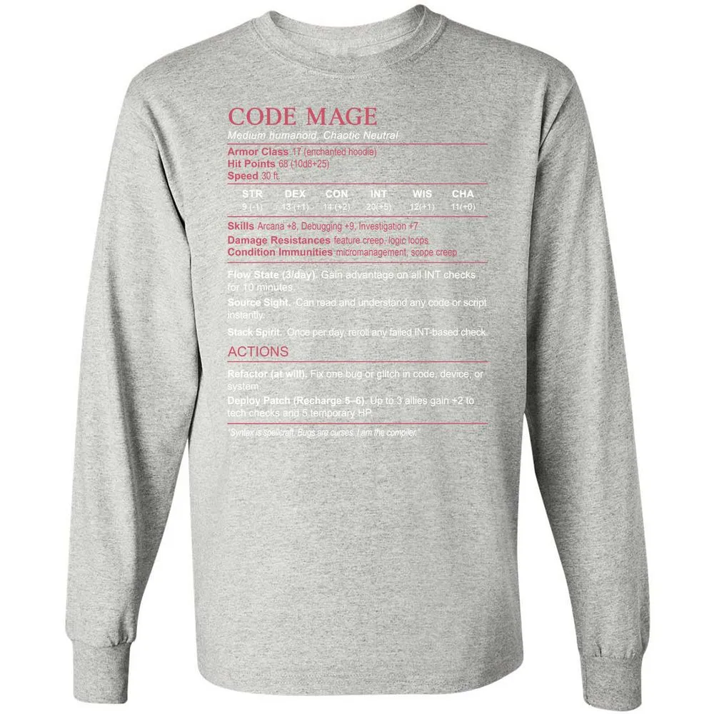 Code Mage Stats Long Sleeve T-Shirt - Ash - 7