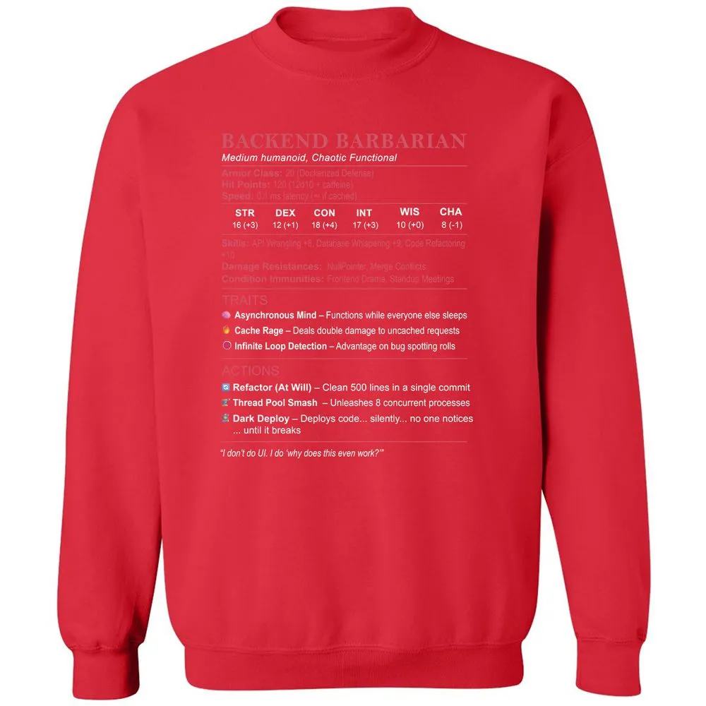 Backend Barbarian Stats Classic Unisex Sweatshirt - Red - 5