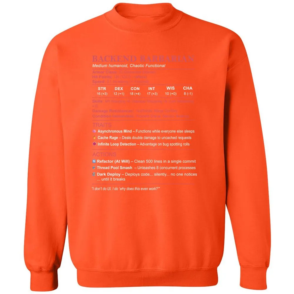 Backend Barbarian Stats Classic Unisex Sweatshirt - Orange - 10