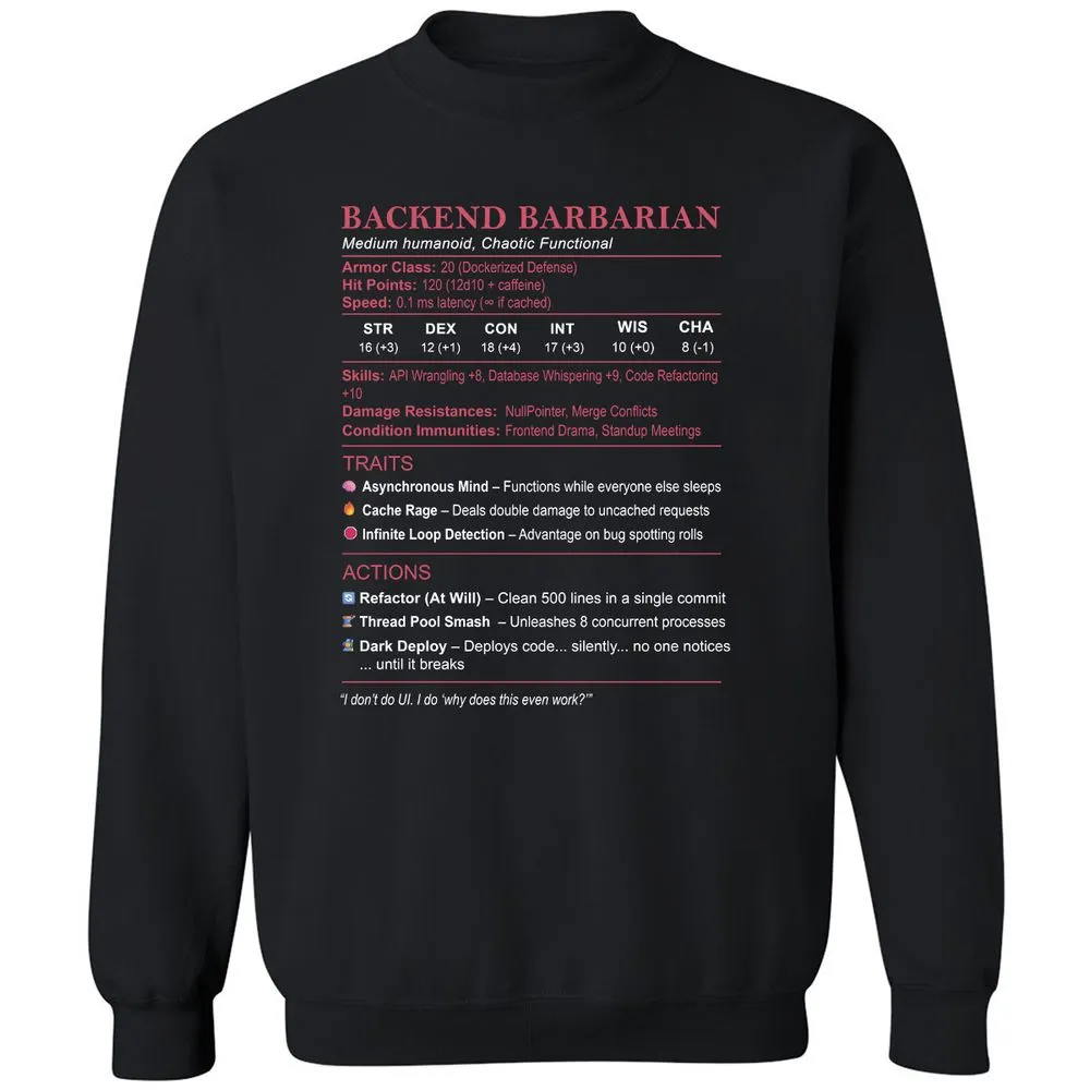Backend Barbarian Stats Classic Unisex Sweatshirt - Black - 1