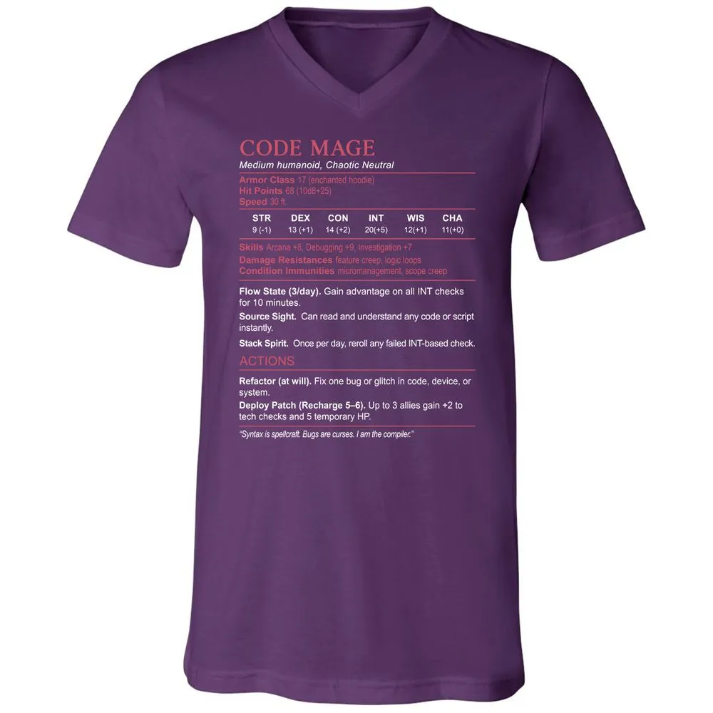 Code Mage Stats Unisex V-Neck T-Shirt - Team Purple - 9