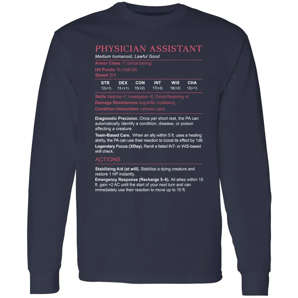 PHYSICIAN ASSISTANT Stats Long Sleeve T-Shirt - Navy - 2